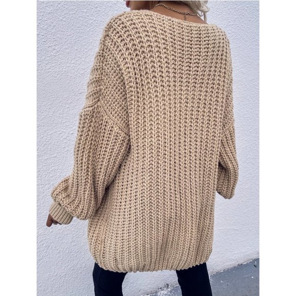 khaki Chunky Knit Open front comfy cozy sweater Cardigan - Picture 6 of 14